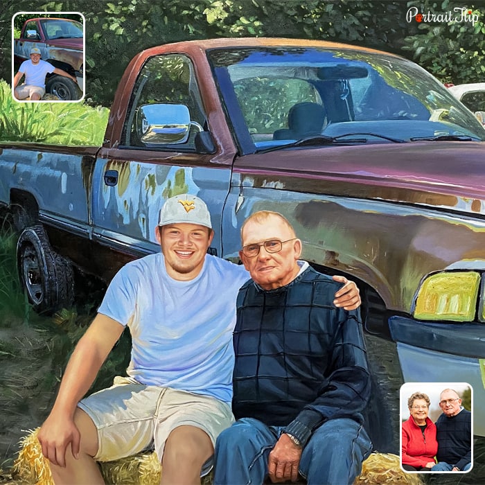 Compilation picture where two men are sitting beside a car