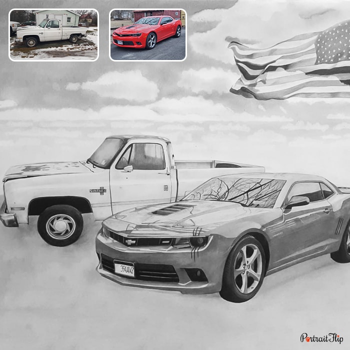 Compilation picture of two cars with the United States flag