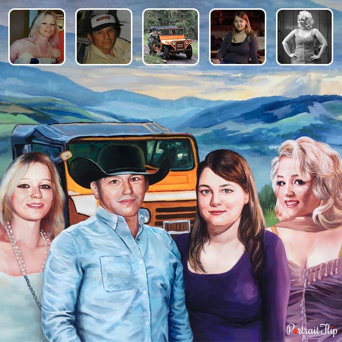 Compilation painting where a man in standing with three women along with a car in background