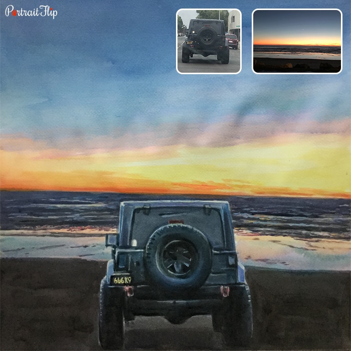 Picture of a jeep which is standing on a beach