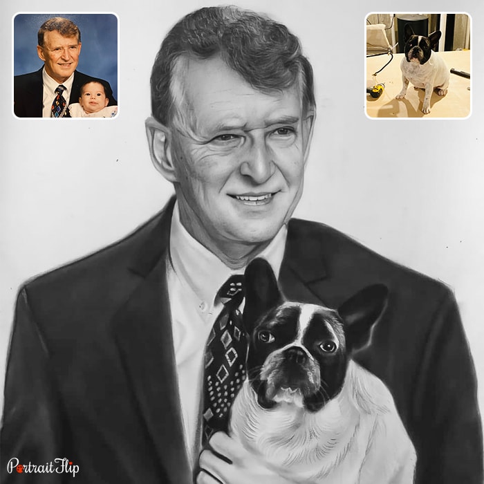 Compilation of an old man with a dog placed in his arms