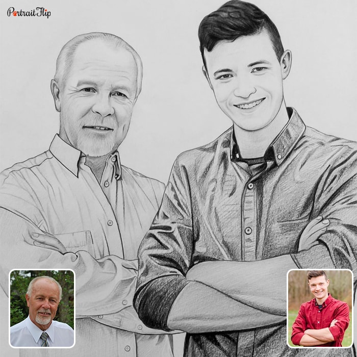 Black and white painting of an old man and a teenage boy placed next to each other