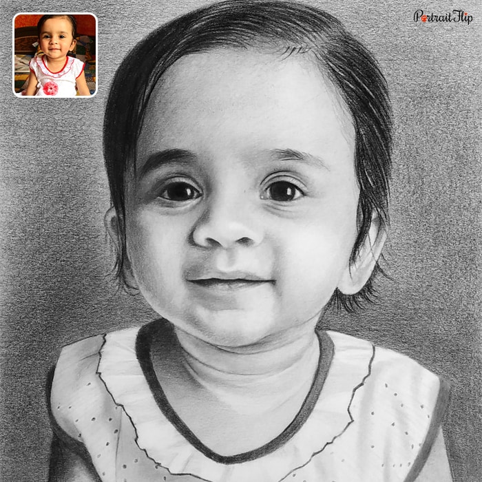 Black and white picture of a baby’s close-up face