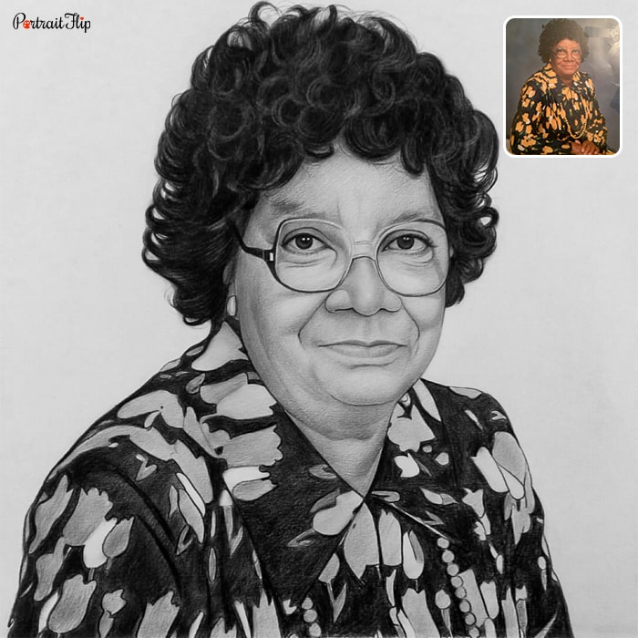 Black and white picture of a woman that is converted into charcoal paintings
