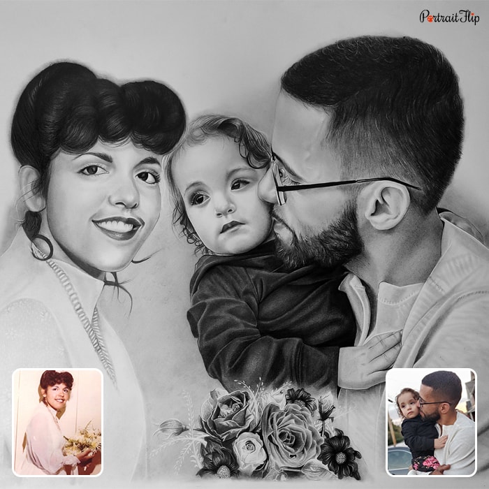 Merged portraits of a woman and a man who is holding a baby in his arms with a flower added below