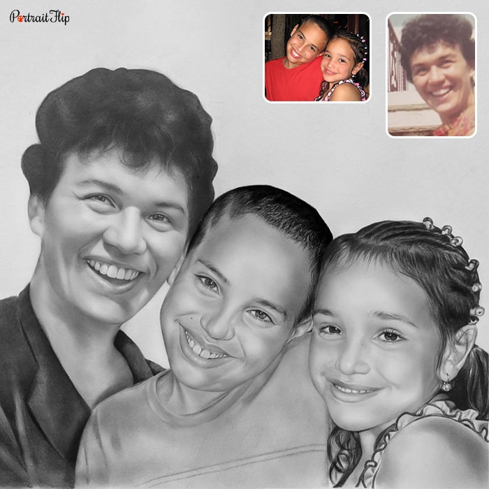 Picture of woman with a young boy and girl placed beside her as merged portraits