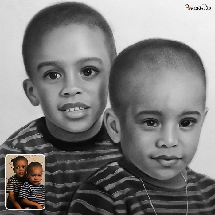 Child portraits of two young boys wearing same check t-shirt