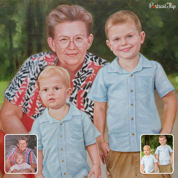 Compilation picture of an old woman placed between two young boys