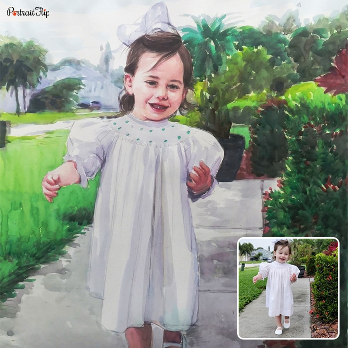 Child portraits of a baby girl walking in a garden area