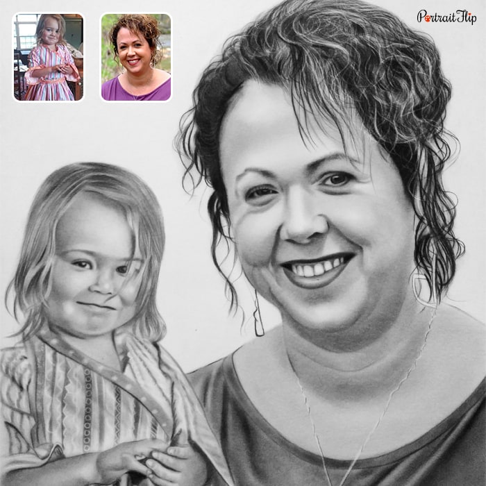 Pencil portrait of an old woman and a baby placed next to each other