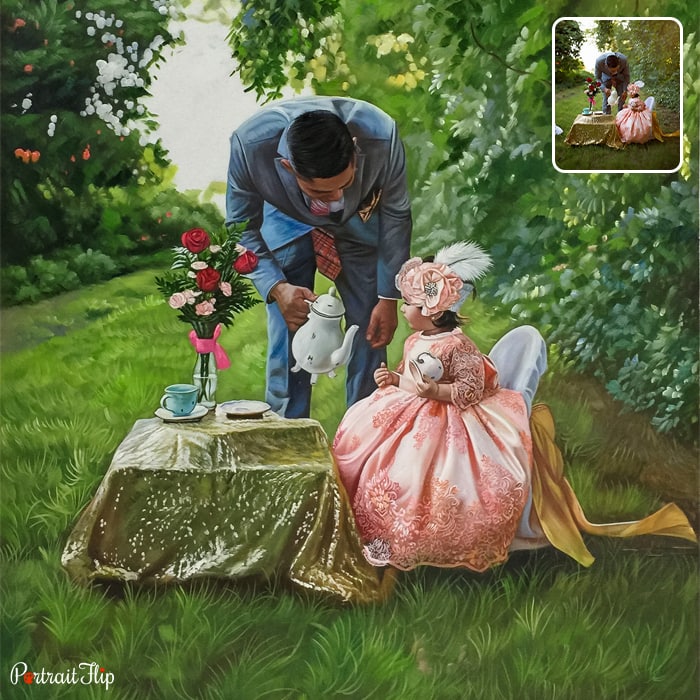 Christmas portraits of a man serving tea to a young girl in a garden area