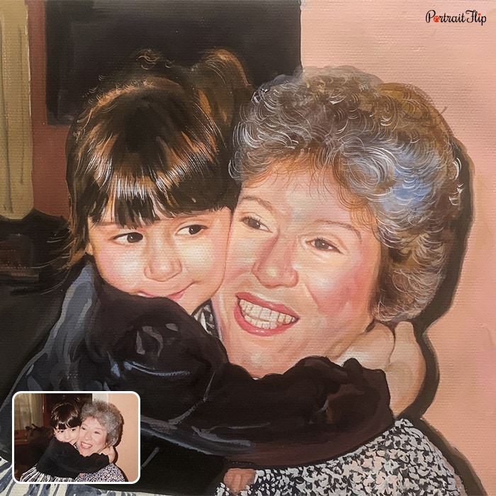 Pastel painting where a young girl’s arm is around an old woman’s neck