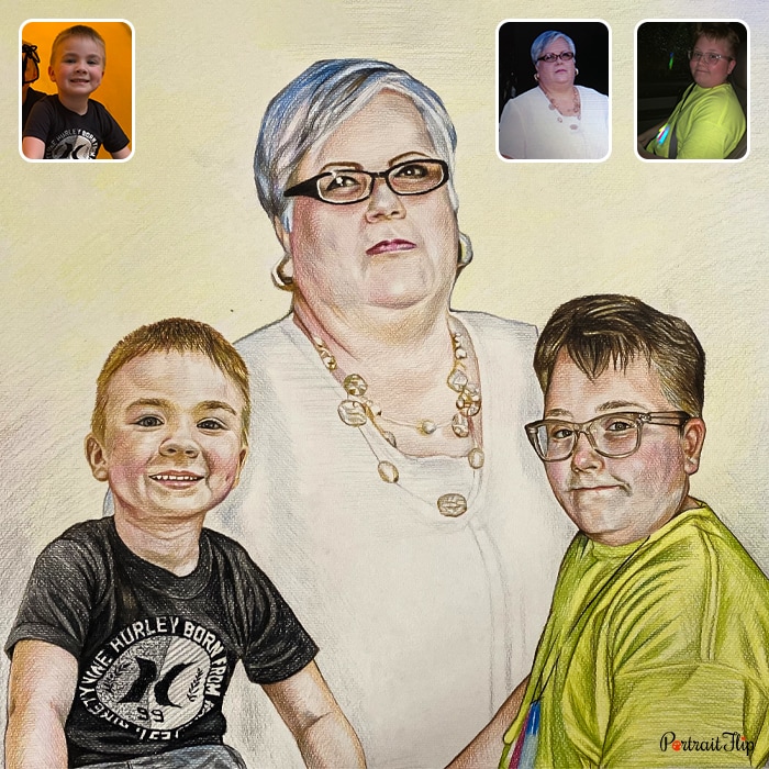 Compilation of pictures where an old woman is placed between two young boys