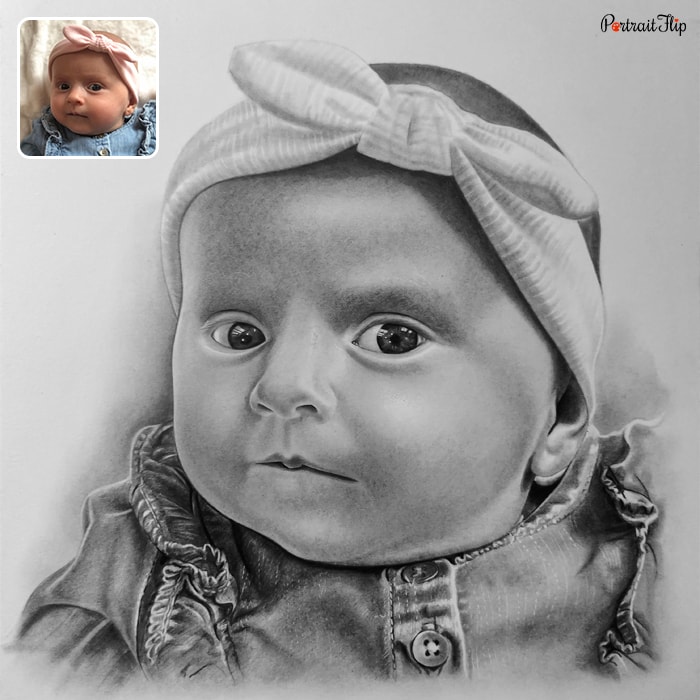 Pencil portrait of close-up face of a baby