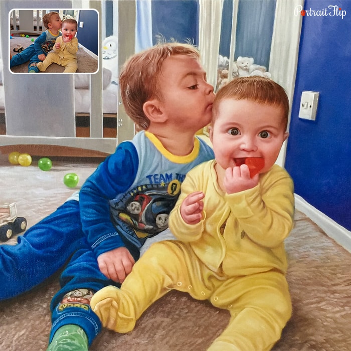 Christmas portraits of two baby boy where one is kissing other on his forehead