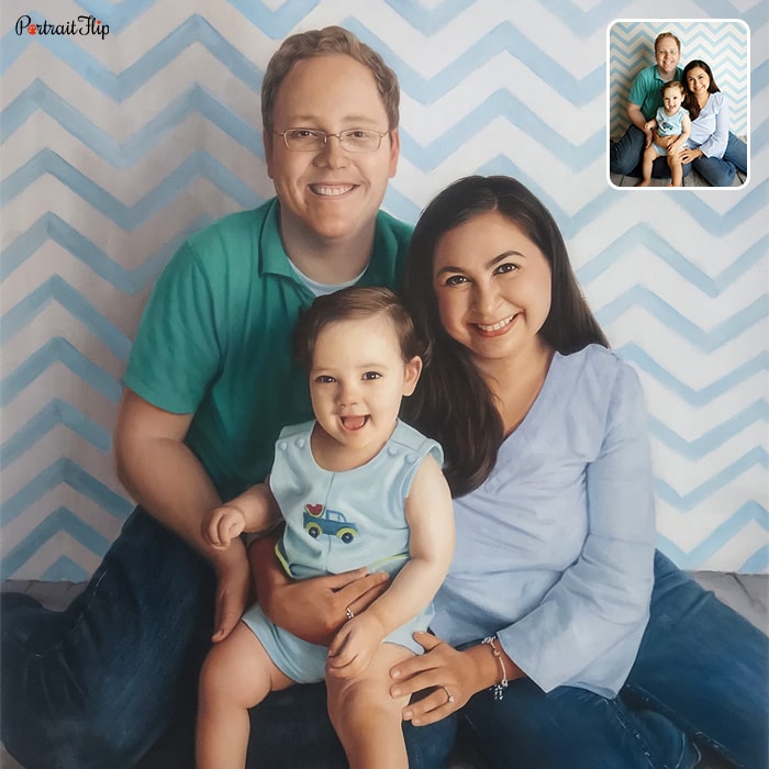 Picture of a man and a woman sitting with a baby on their lap that is converted into child portraits