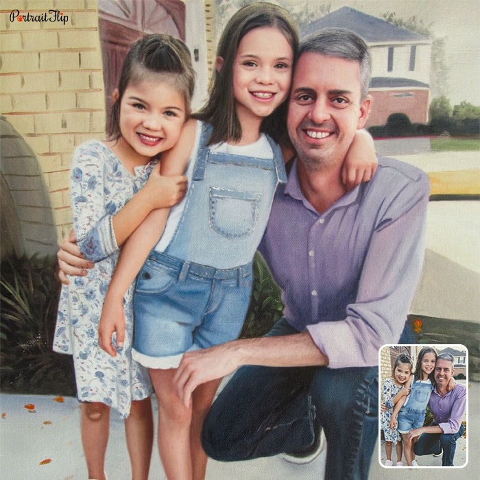 Picture of a man with two young girls beside them that is converted into child portraits