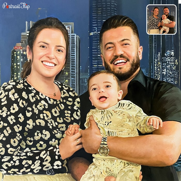 Christmas portraits where a man is holding a baby in his arms with a woman standing beside him