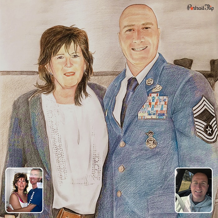 Compilation picture of a woman and a man placed next to each other as christmas portraits