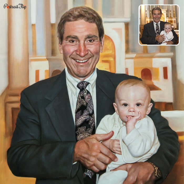 Painting of a man along with a baby in his arms