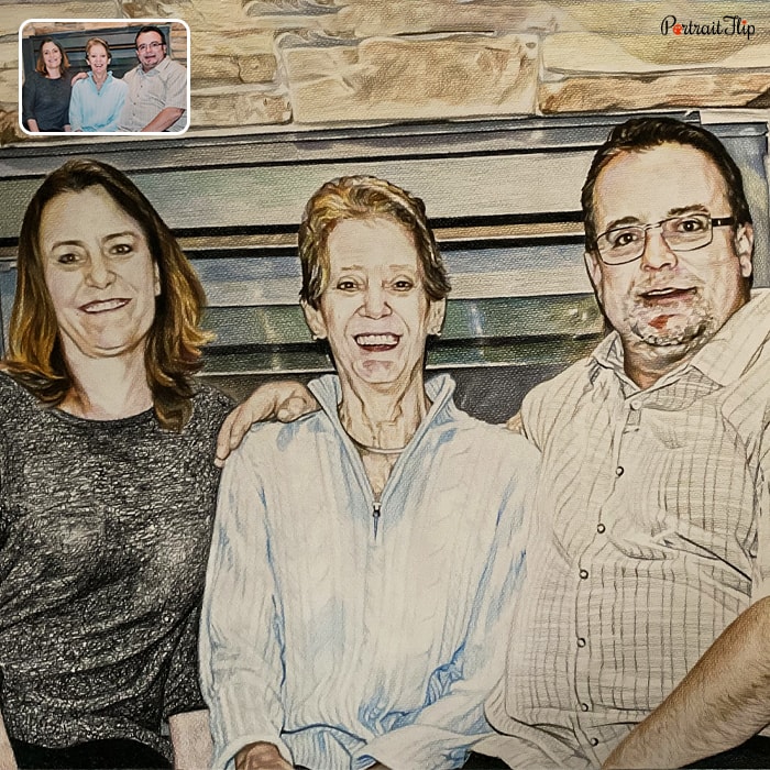 Christmas portraits of an old woman sitting between a young lady and a man