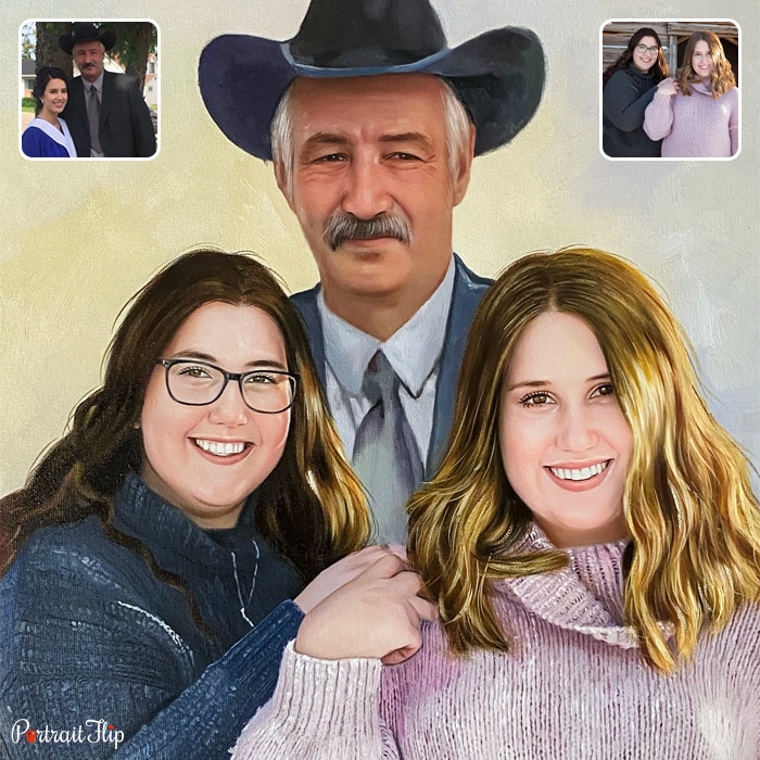 Christmas portraits of a man placed behind a suit and hat with two women in front of him