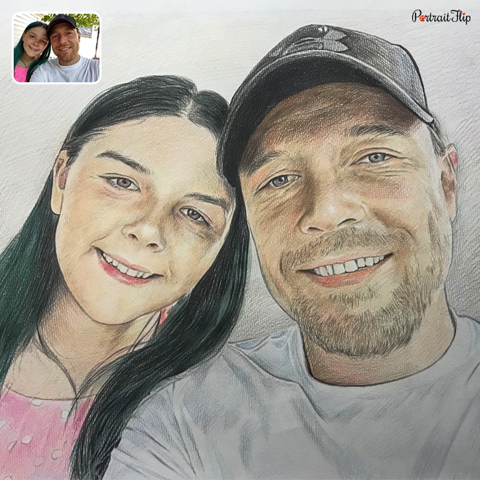 Colored pencil paintings of a man and a teenage girl