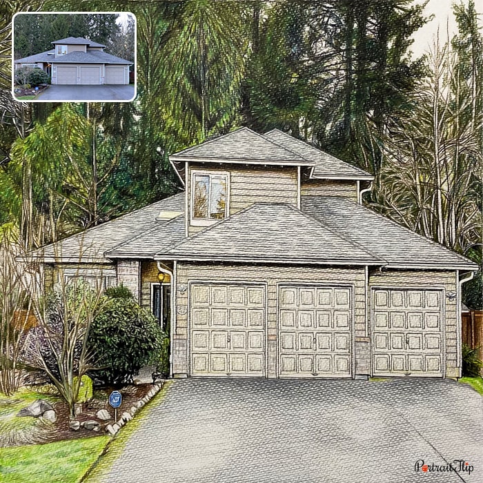 Colored pencil of a house surrounded by trees