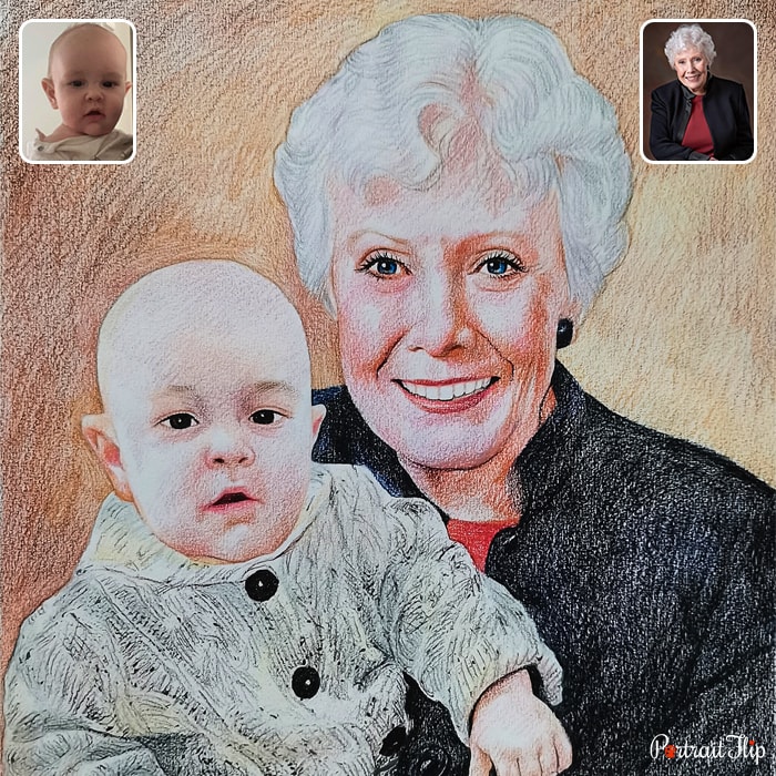 Compilation of a baby who is placed in the arms of an old woman that is converted into merged portraits