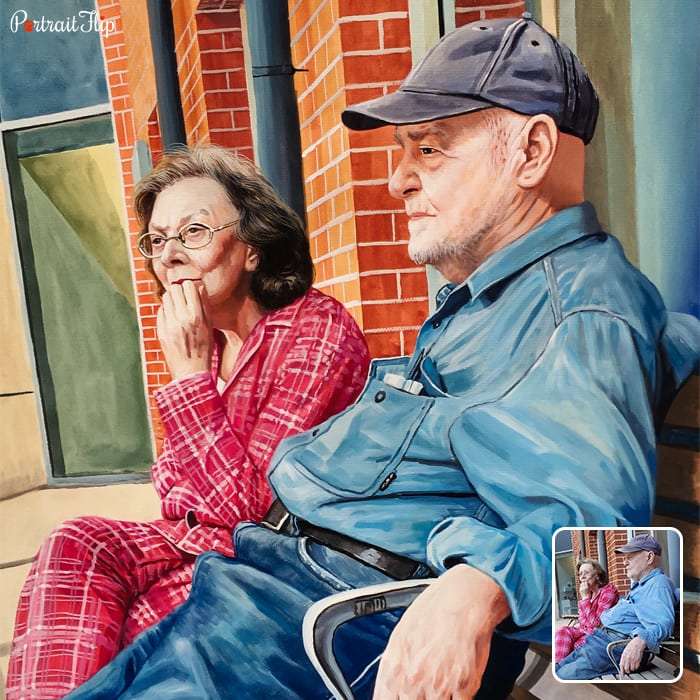 Painting of an old couple sitting on a bench