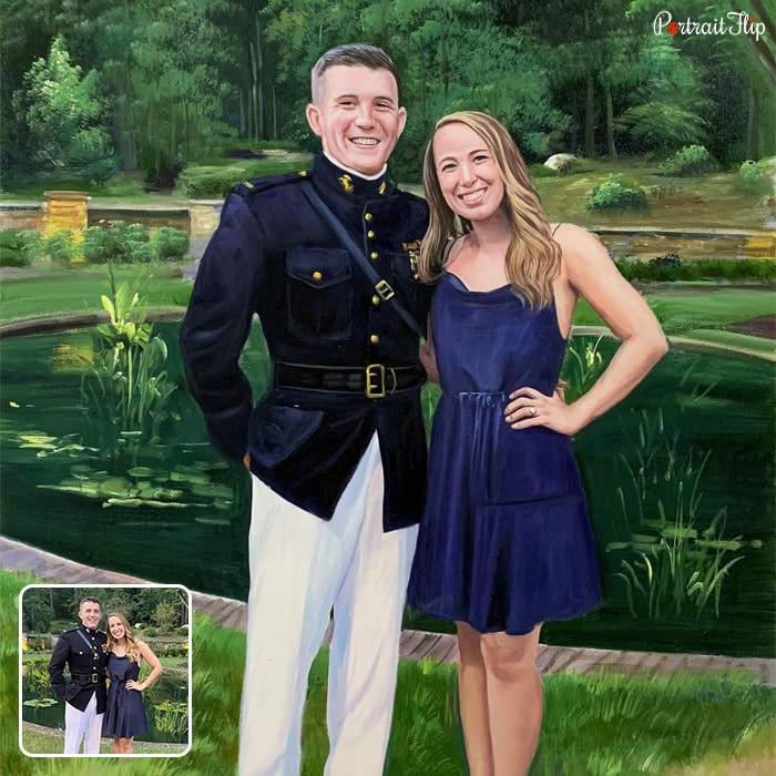 Couple portraits where a man and a woman are standing next to each other in a garden background