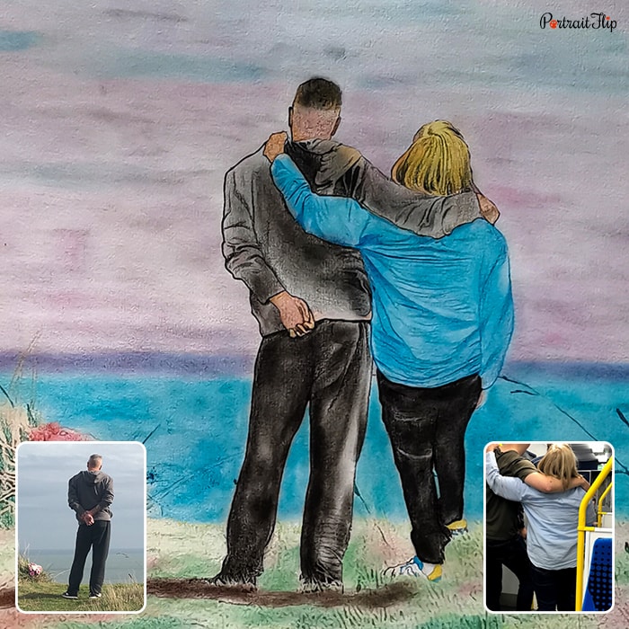 Picture of a couple facing towards lake with their arms on each other’s shoulders
