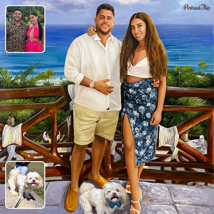 Couple portraits where a man’s hand is on the woman’s waist and woman’s arms is on his shoulder and they are standing in front of a sea view near a wooden fence