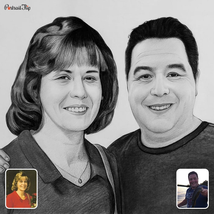 Charcoal couple portraits of a man and a woman placed next to each other