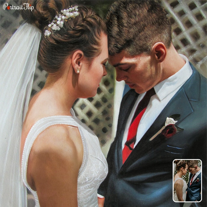 Picture of a bride and groom embracing each other