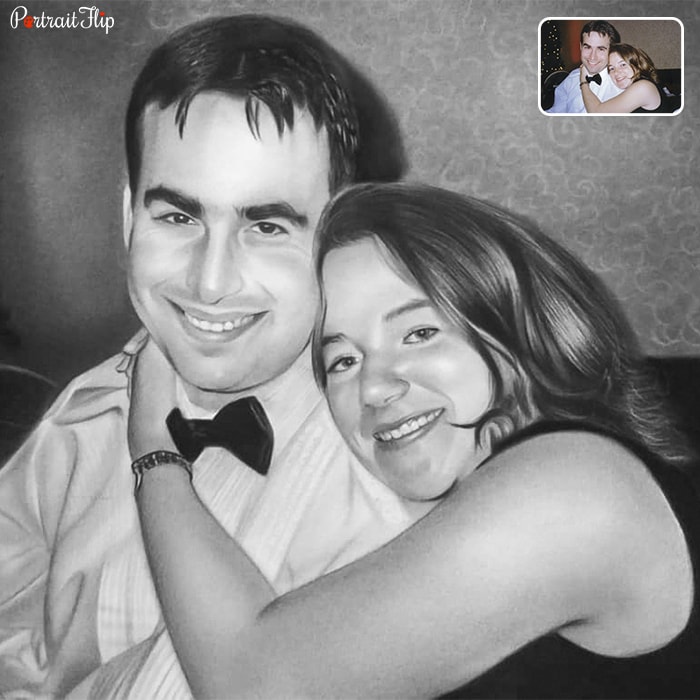 Couple portraits where a woman’s hand his around man’s chest