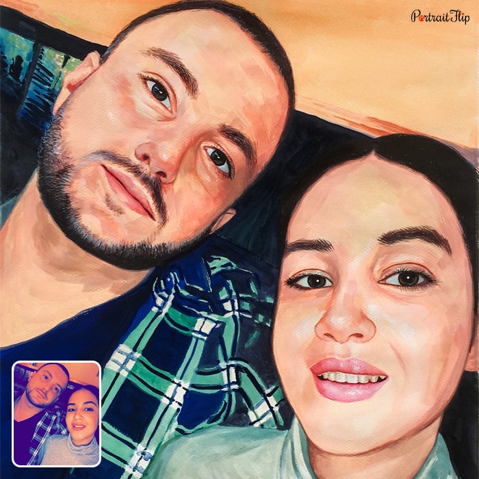 Engagement Paintings of a couple where man and woman are sitting close together