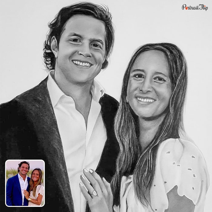Engagement Paintings of a couple where woman’s hand is on man’s chest