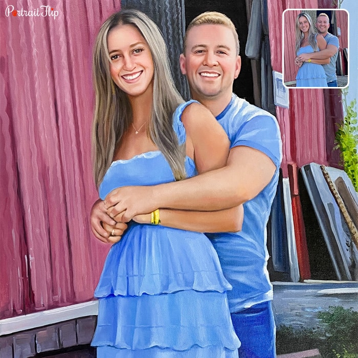 Engagement Paintings, where a man is hugging a woman from behind