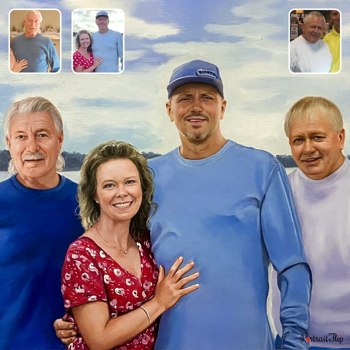 Compilation picture of two old men standing in the corner with a man and a woman standing between them