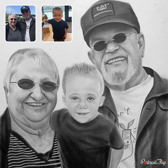 Family portraits where a baby boy is placed between an old woman and man