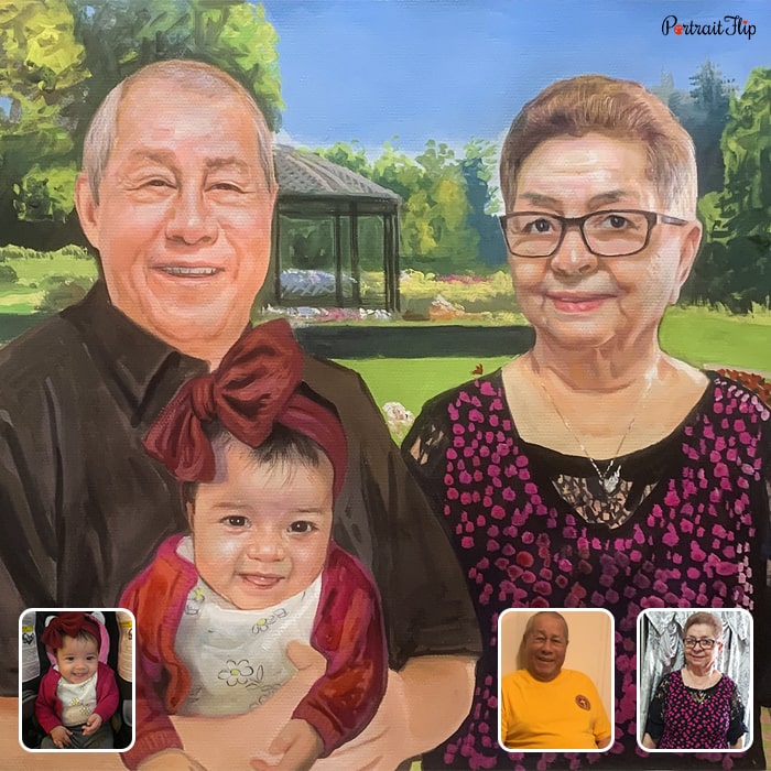 Picture of an old woman and a man holding a baby in his hands