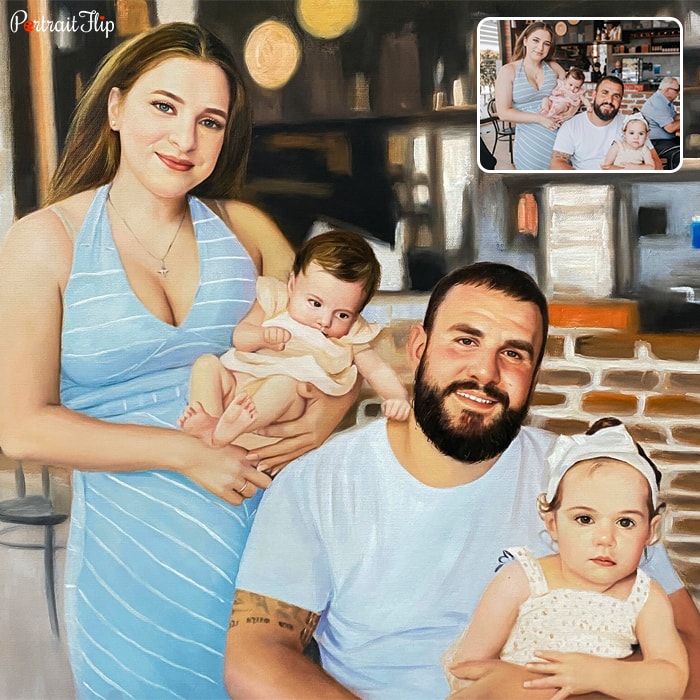 Family portraits of a woman holding a baby in her arms and a man sitting with another baby in his laps