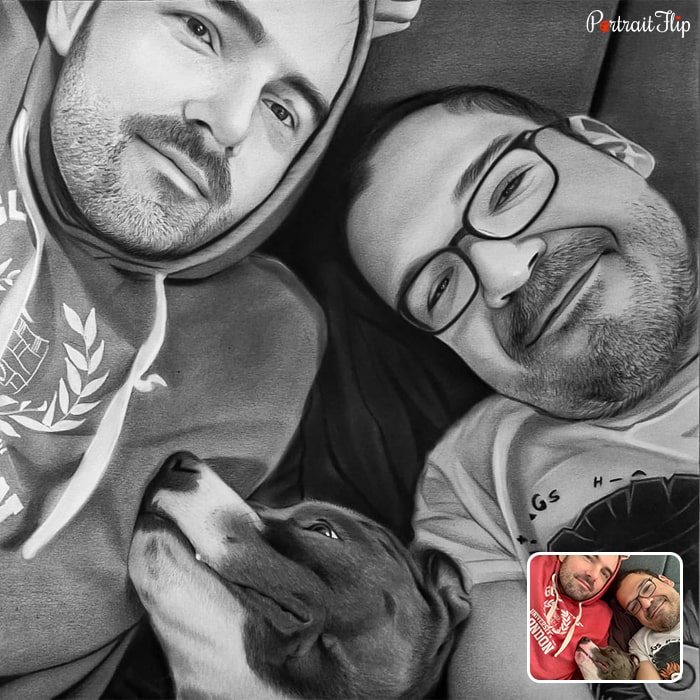 Black and white picture of two men lying next to each other with a glimpse of dog’s face in between