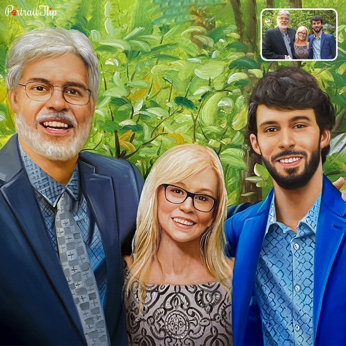 Family Portraits where a woman is standing between two men