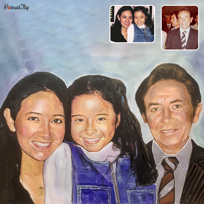 Picture of a girl standing between a woman and a man is family portraits