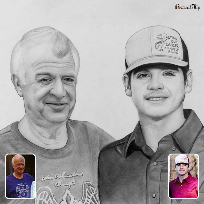 Family portraits where an old man is placed next to a young boy