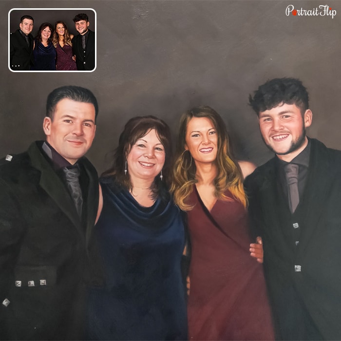 Father's day paintings where, in the left, there is a man in black suit with an old lady beside him and a young woman beside the old woman, along with a young man in black suit in the right