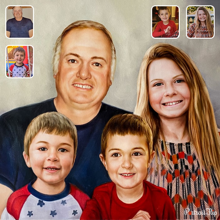 Compilation picture of a man placed behind two young boys and a girl beside him is a father’s day paintings