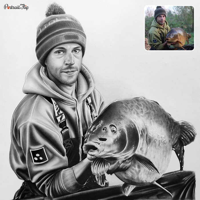 Father’s day paintings where a man is holding a giant fish in his hands